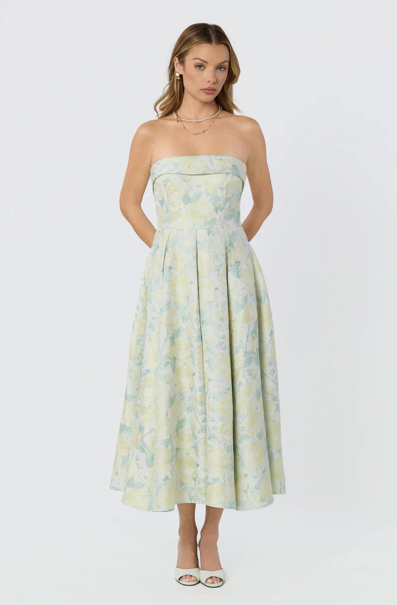 Destini Floral Jacquard Strapless Midi Dress