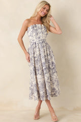 The Genevieve Cotton Navy Blue Toile Strapless Midi Dress