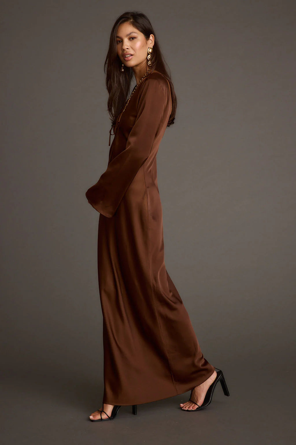 Strokes Mocha Long Sleeve Plunge Satin Maxi Dress