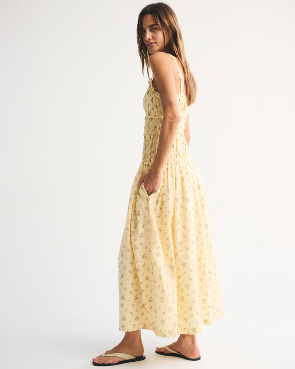 Bra-Free Smocked Drop-Waist Maxi Dress-Yellow