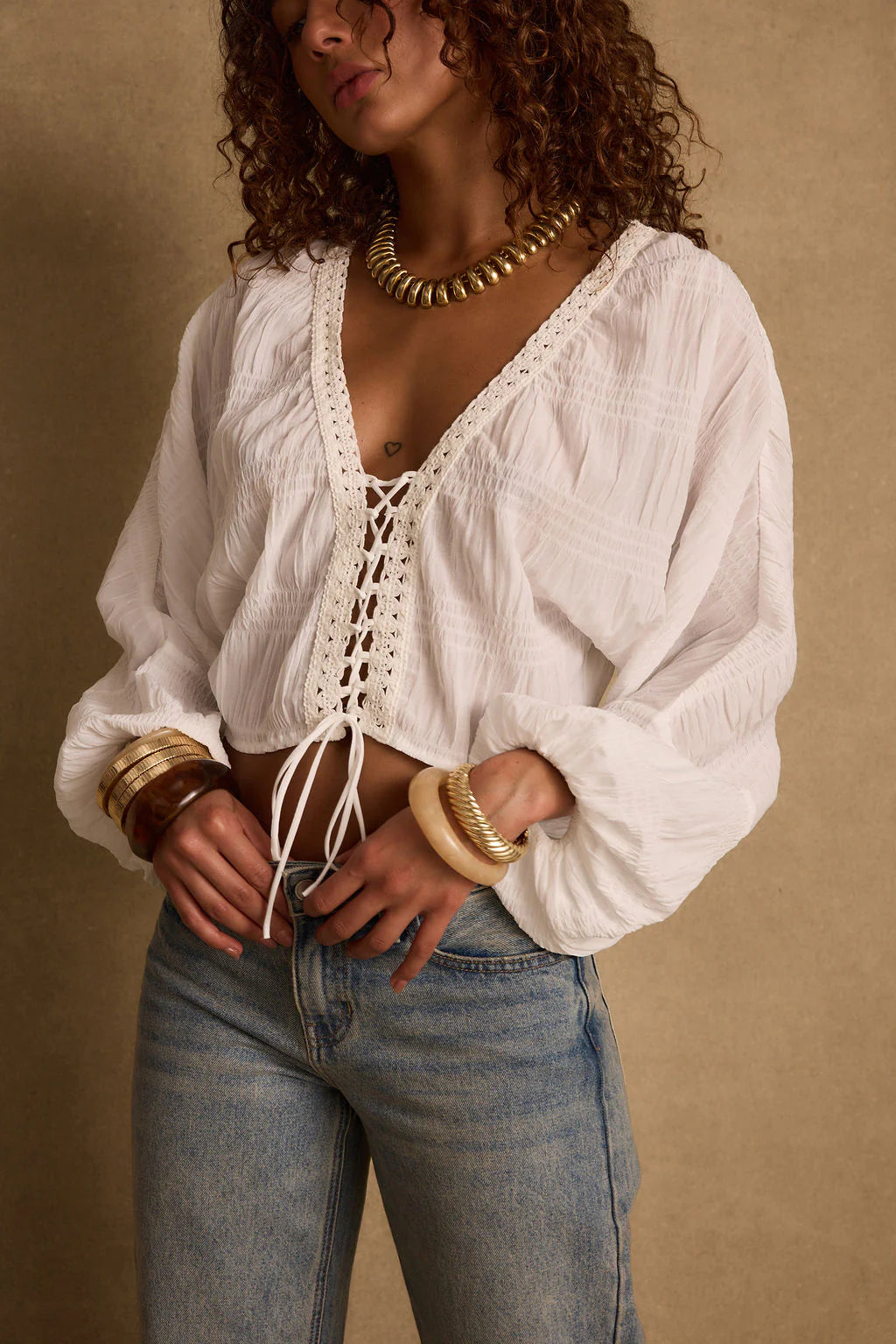 Rainey White Lace Up Top