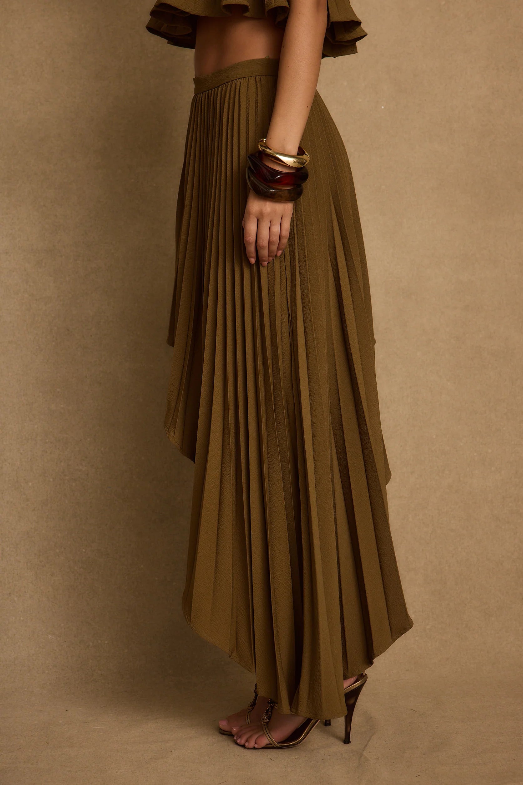 Lima Olive Asymmetrical Midi Skirt