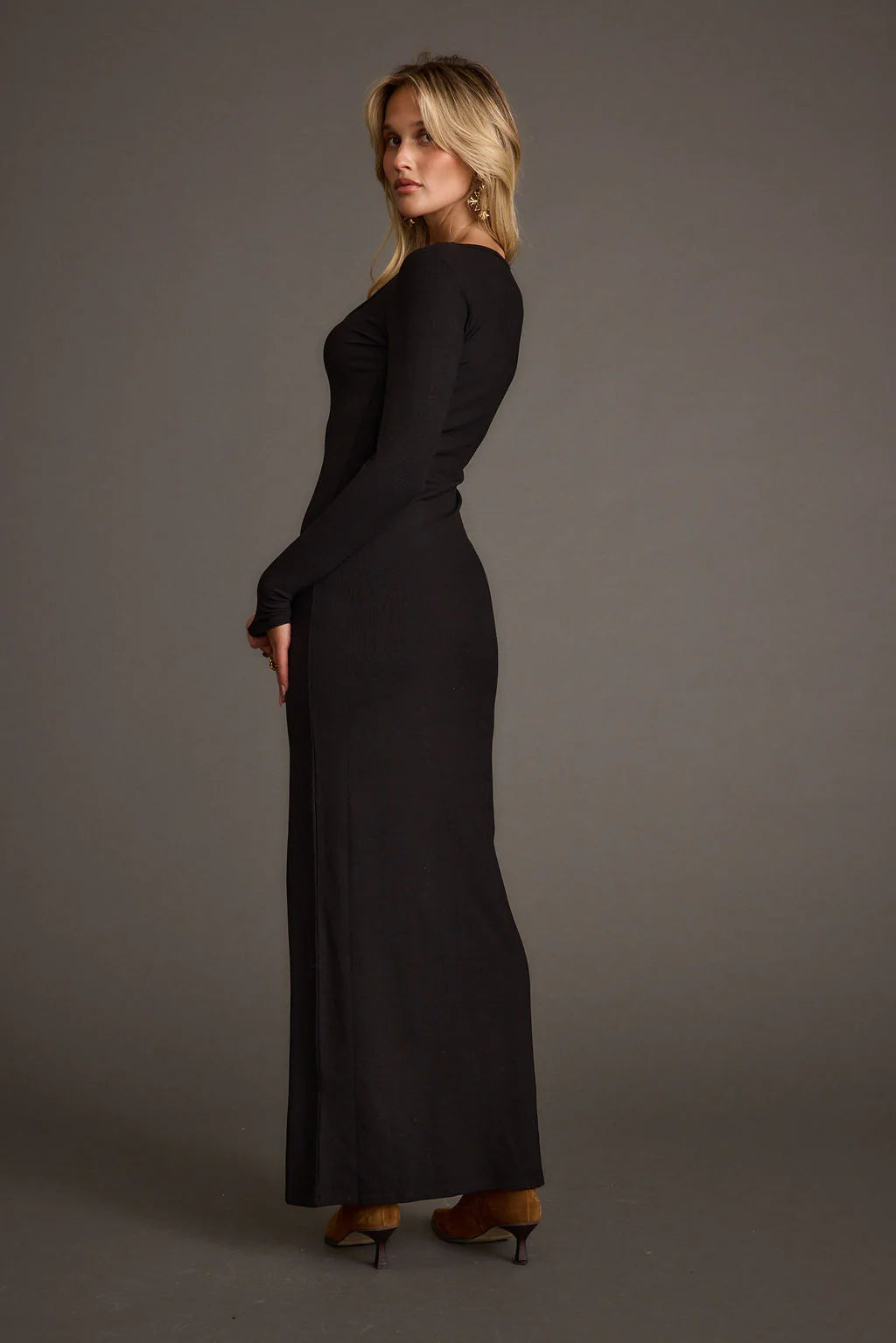 Gemma Black Long Sleeve Ribbed Maxi Dress