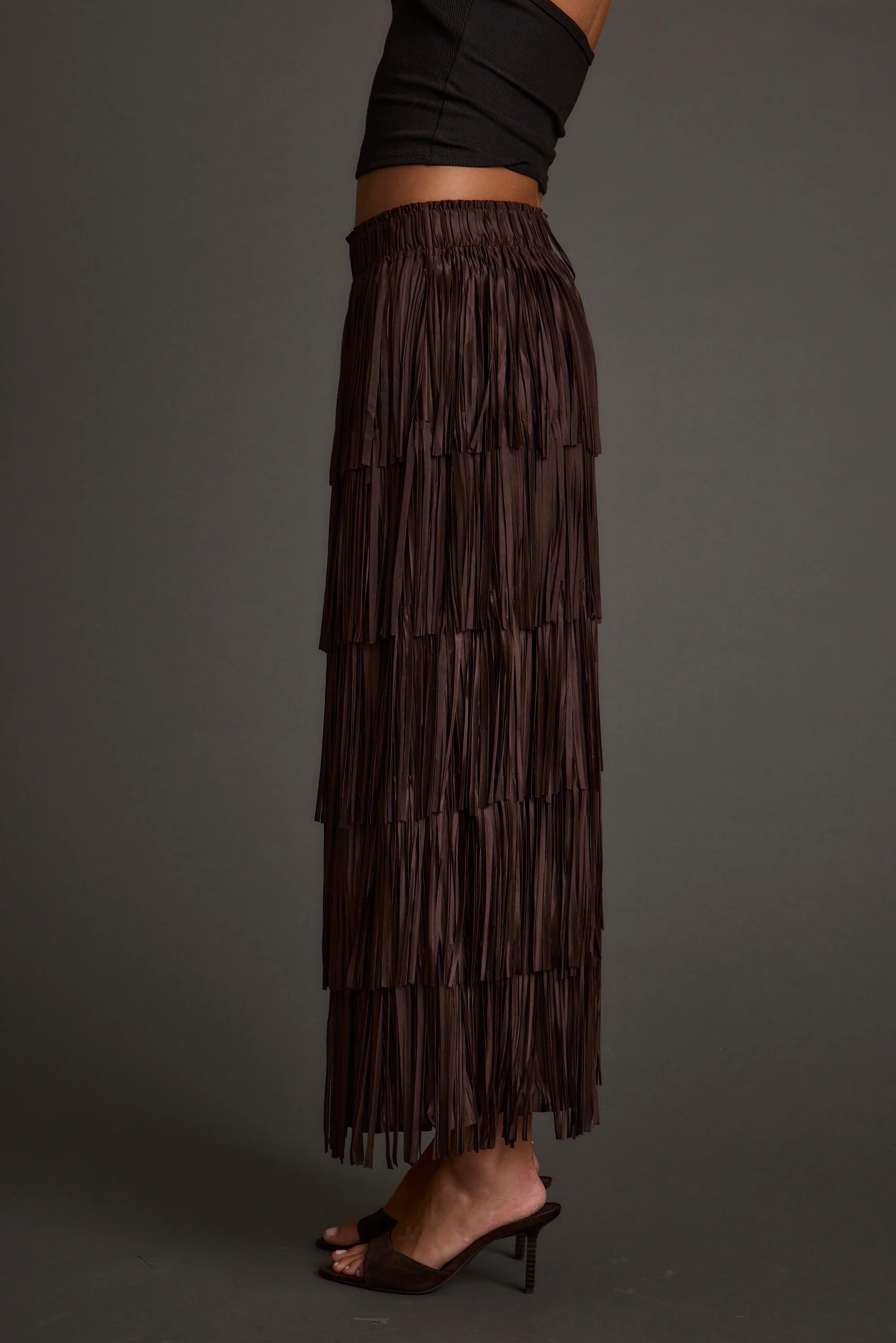 Eliza Espresso Fringe Maxi Skirt