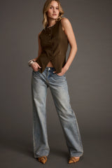 Tory Mocha Twill Button Front Sleeveless Top
