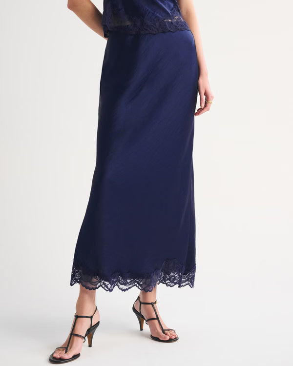 High Rise Satin Maxi Set Skirt-Blue