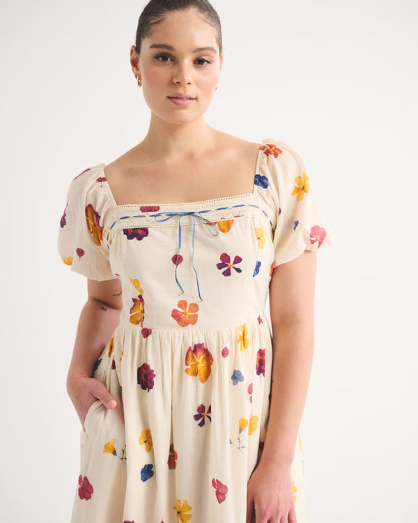 A&F Emerson Puff Sleeve Midi Dress-Cream Print