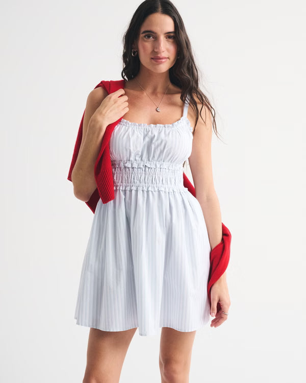 Bra-Free Smocked Waist Mini Dress-Blue Stripe