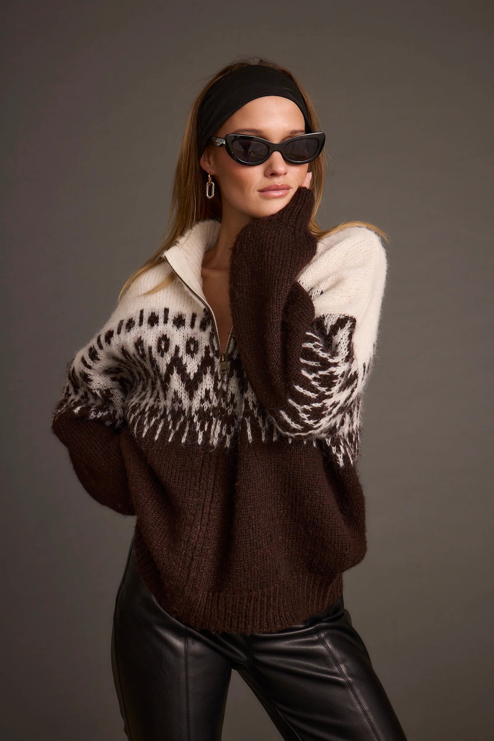 Toddy Espresso and Ivory Zip Up Sweater