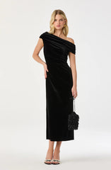 Velvet Off Shoulder Midi Dress-Black