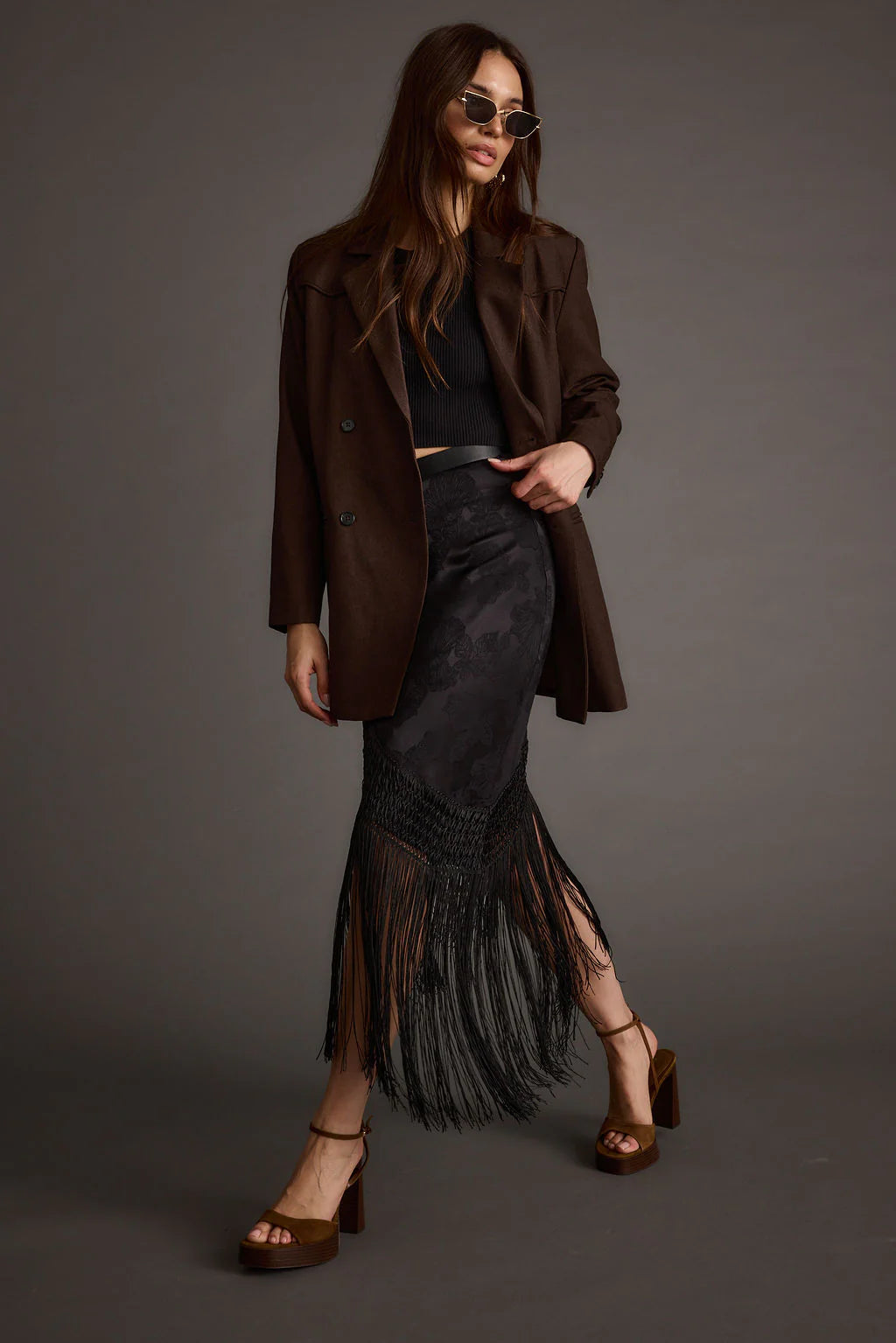 Frankie Black Satin Jacquard Fringe Midi Skirt
