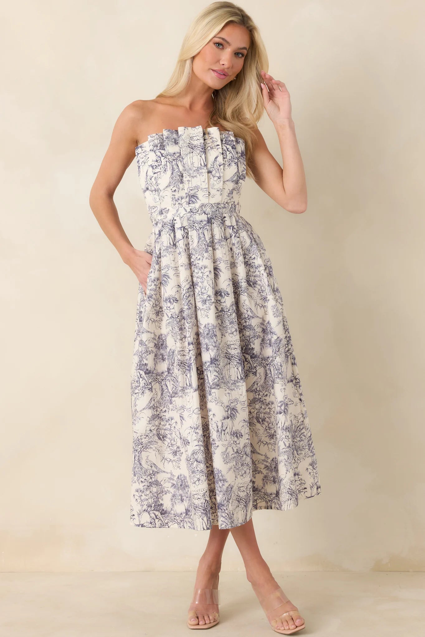 The Genevieve Cotton Navy Blue Toile Strapless Midi Dress