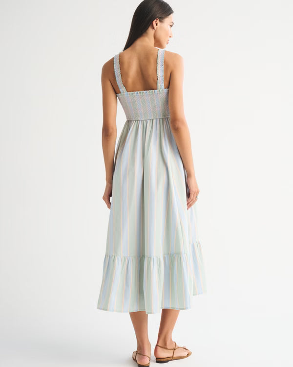 A&F Sydney Smocked Convertible Midi Dress-Light Sage Stripe