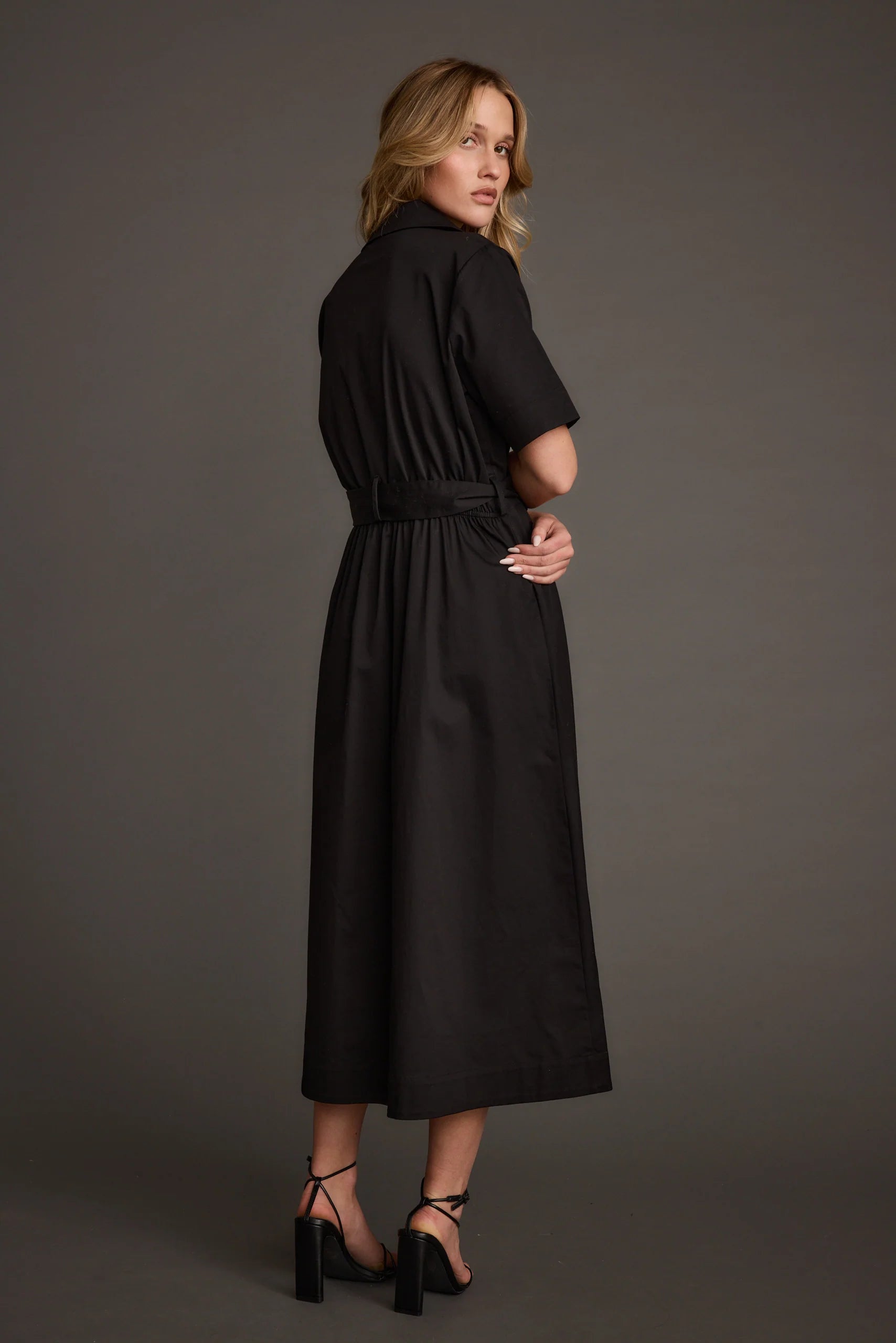 Leena Black Button Front Belted Midi Dress