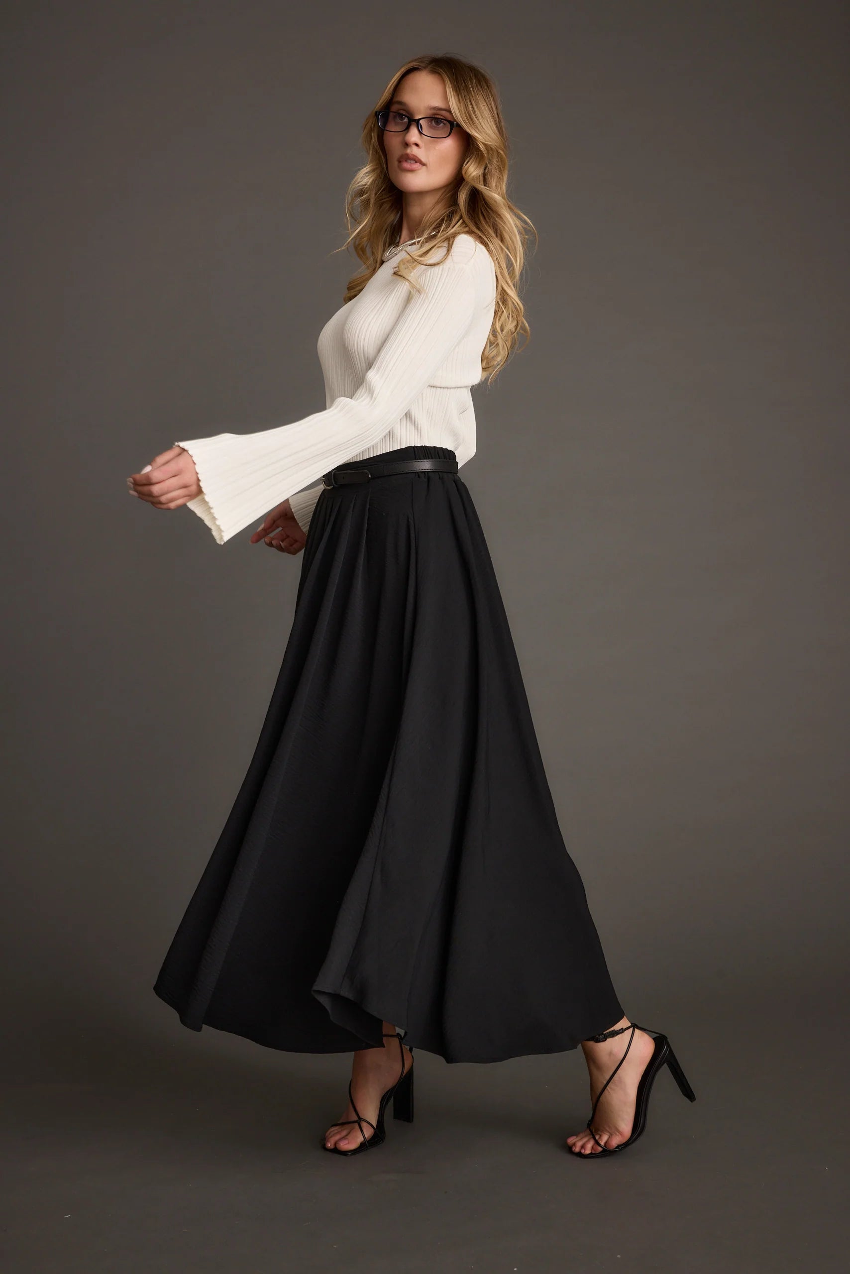 Melinda White Ribbed Knit Bell Sleeve Top