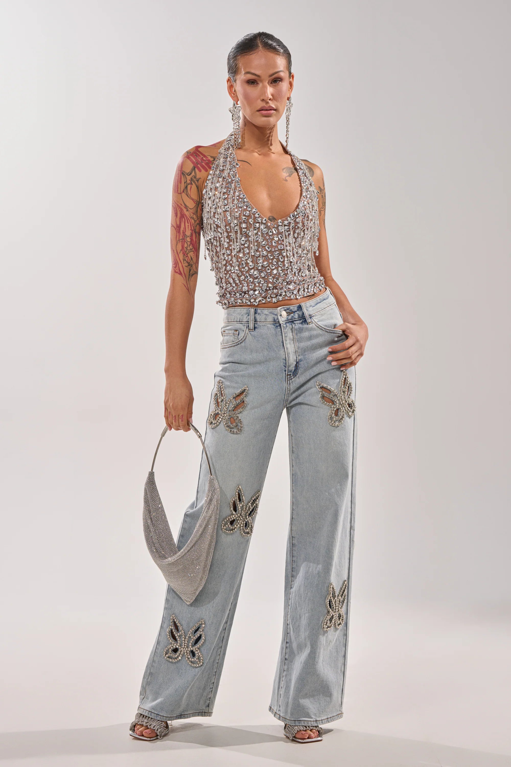 RHINESTONE BUTTERFLY CUTOUT DENIM JEANS