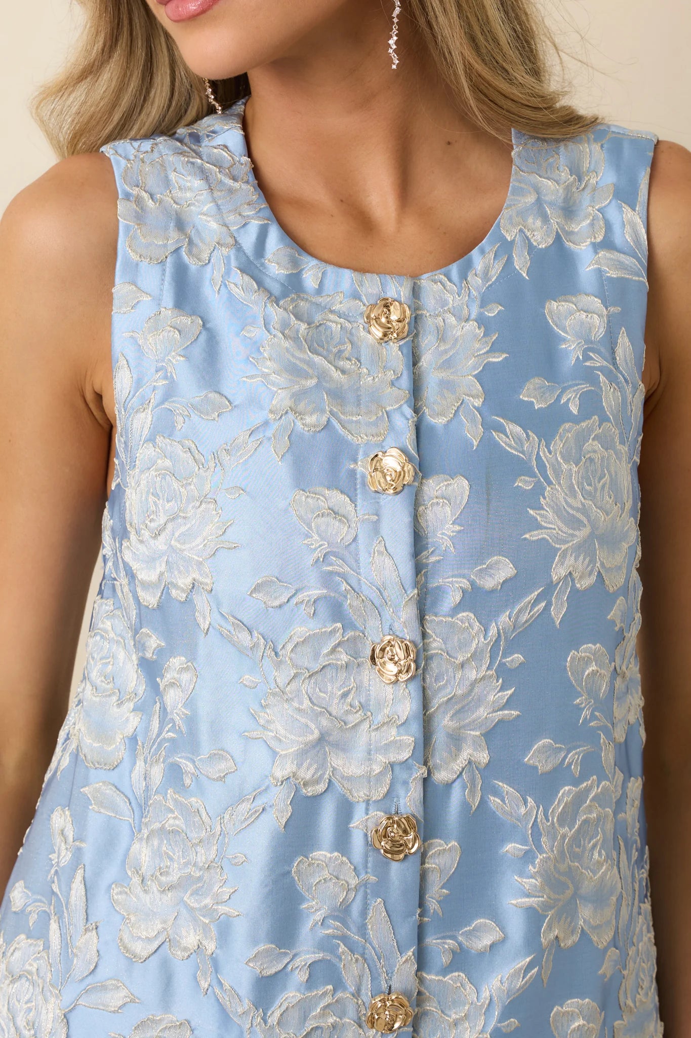 Something About Her Blue Metallic Floral Jacquard Button Front Mini Dress