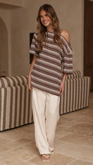 Pia One Shoulder Oversize Tee - Choc/Blue Stripe