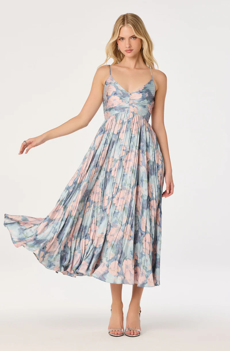 Maeve Floral Pleated Satin Midi Dress-Blue