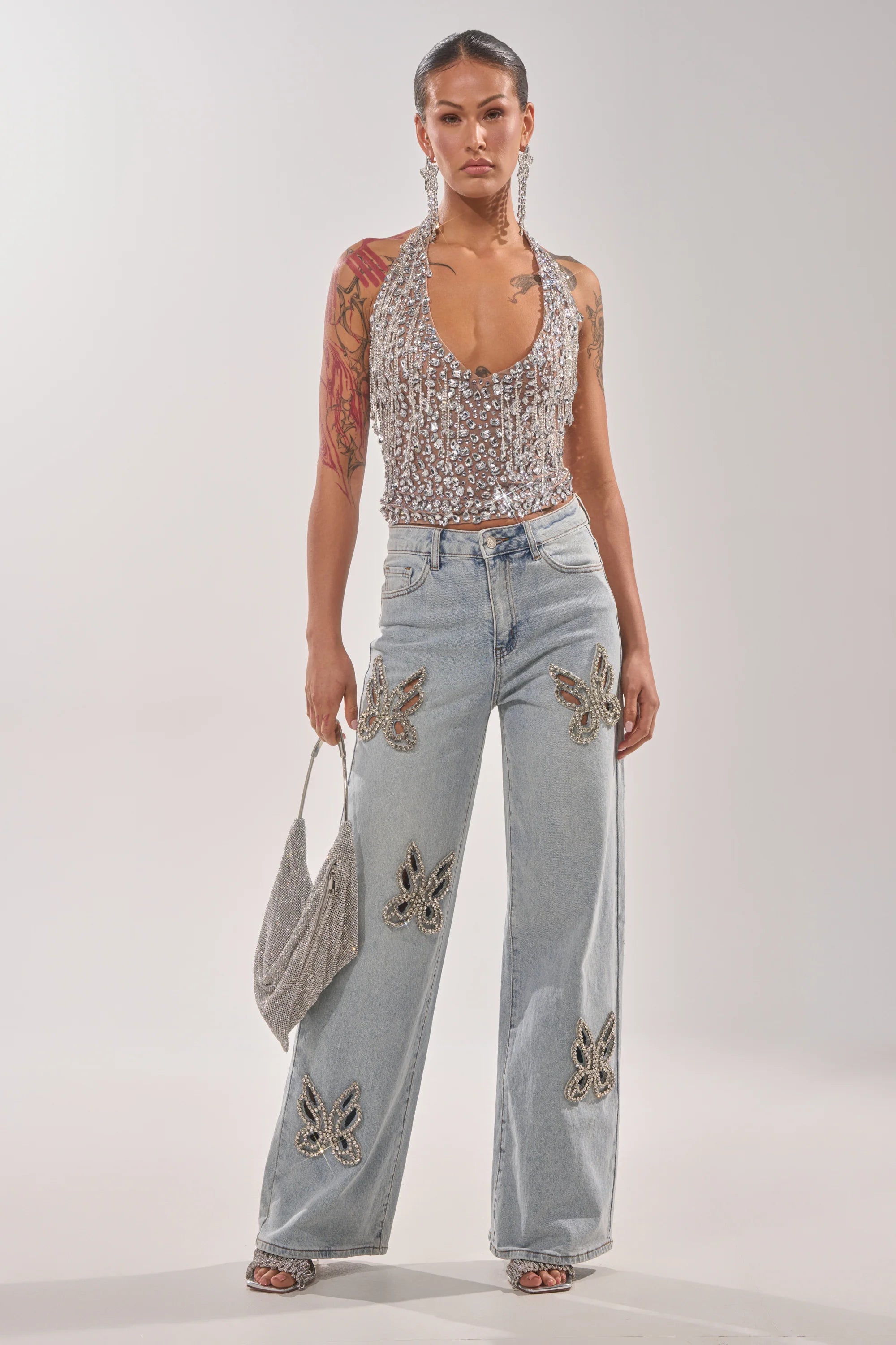 RHINESTONE BUTTERFLY CUTOUT DENIM JEANS