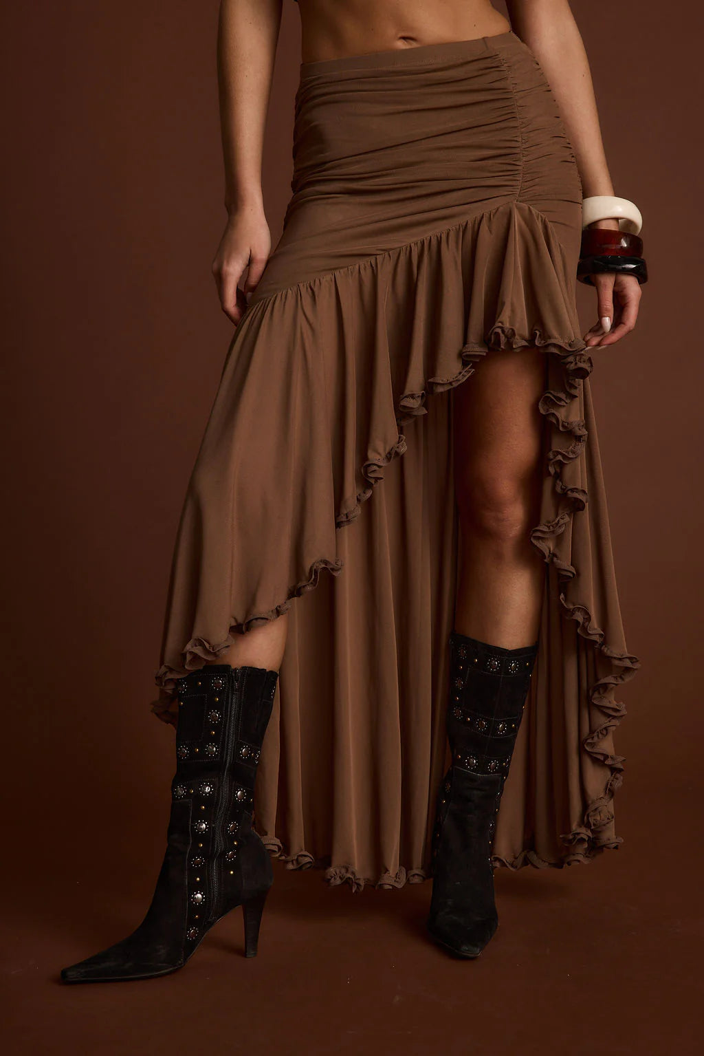 Evanna Brown High Low Ruffle Mesh Maxi Skirt