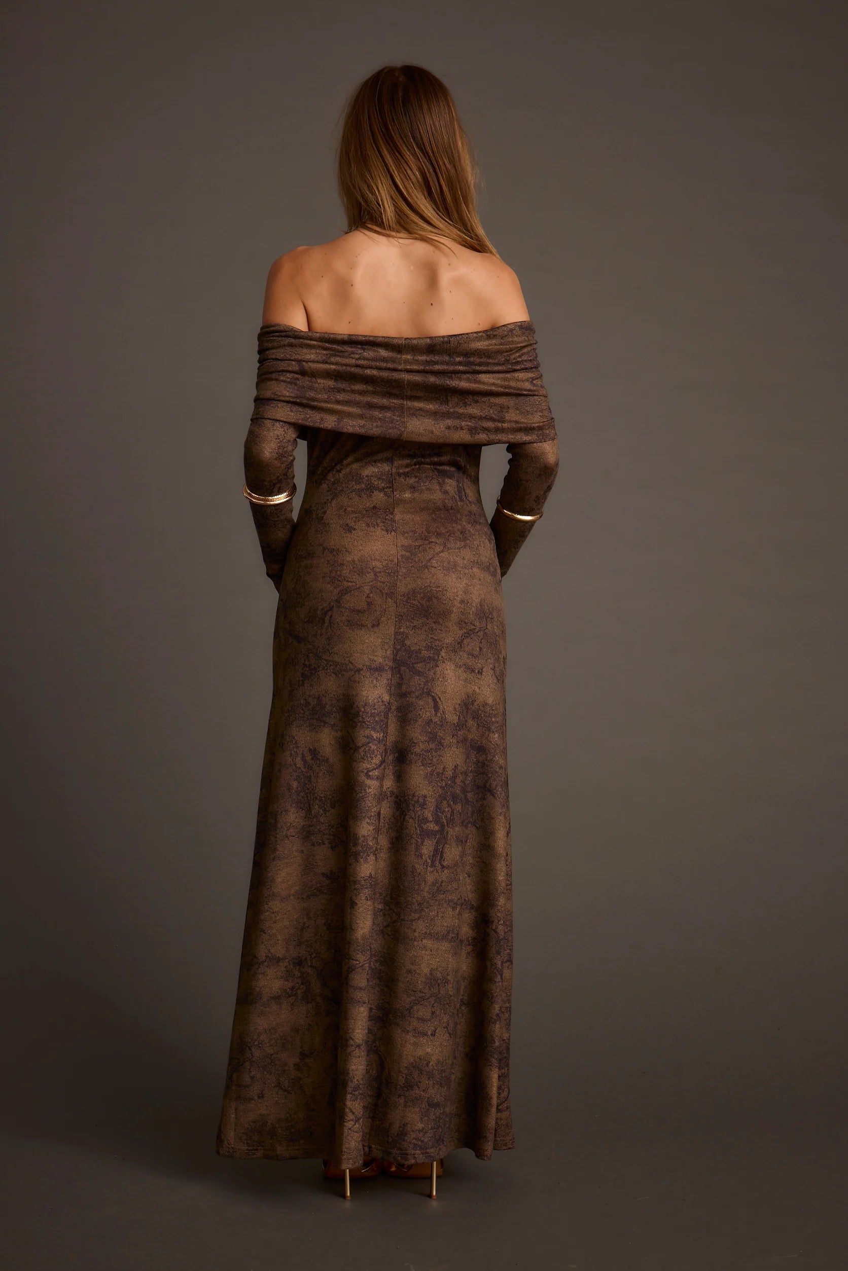 Hollis Mocha Blur Off the Shoulder Maxi Dress