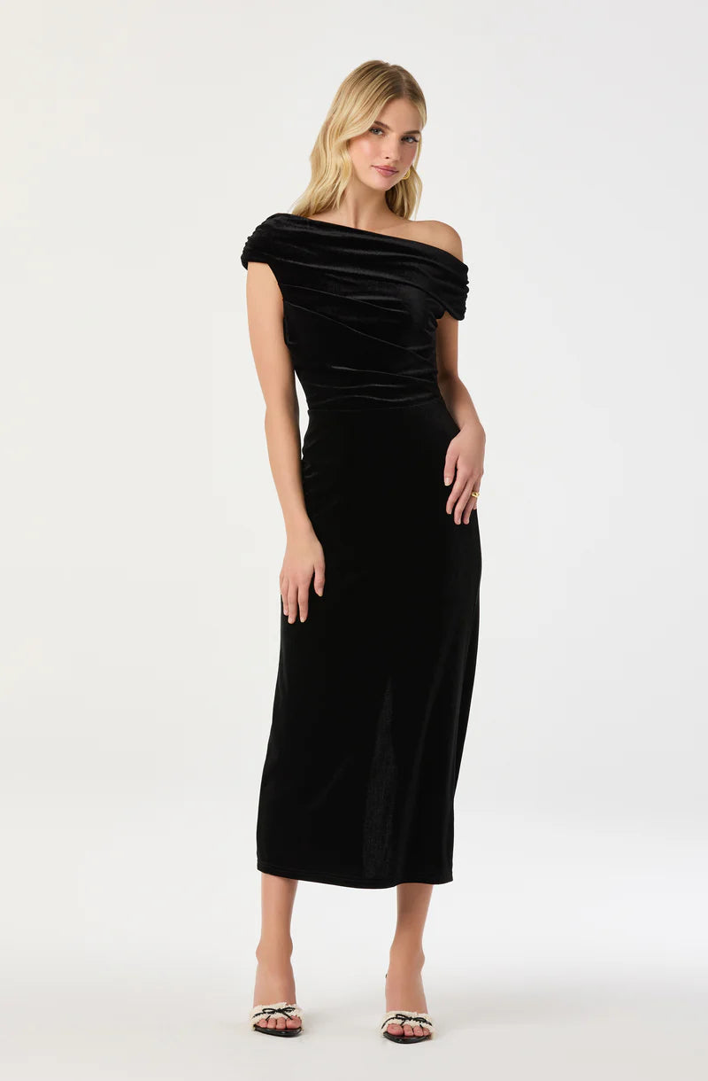 Velvet Off Shoulder Midi Dress-Black