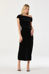 Velvet Off Shoulder Midi Dress-Black