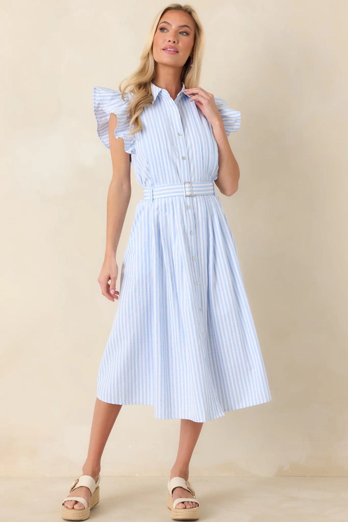 Simple Statement Sky Blue and White Stripe Button Front Midi Dress