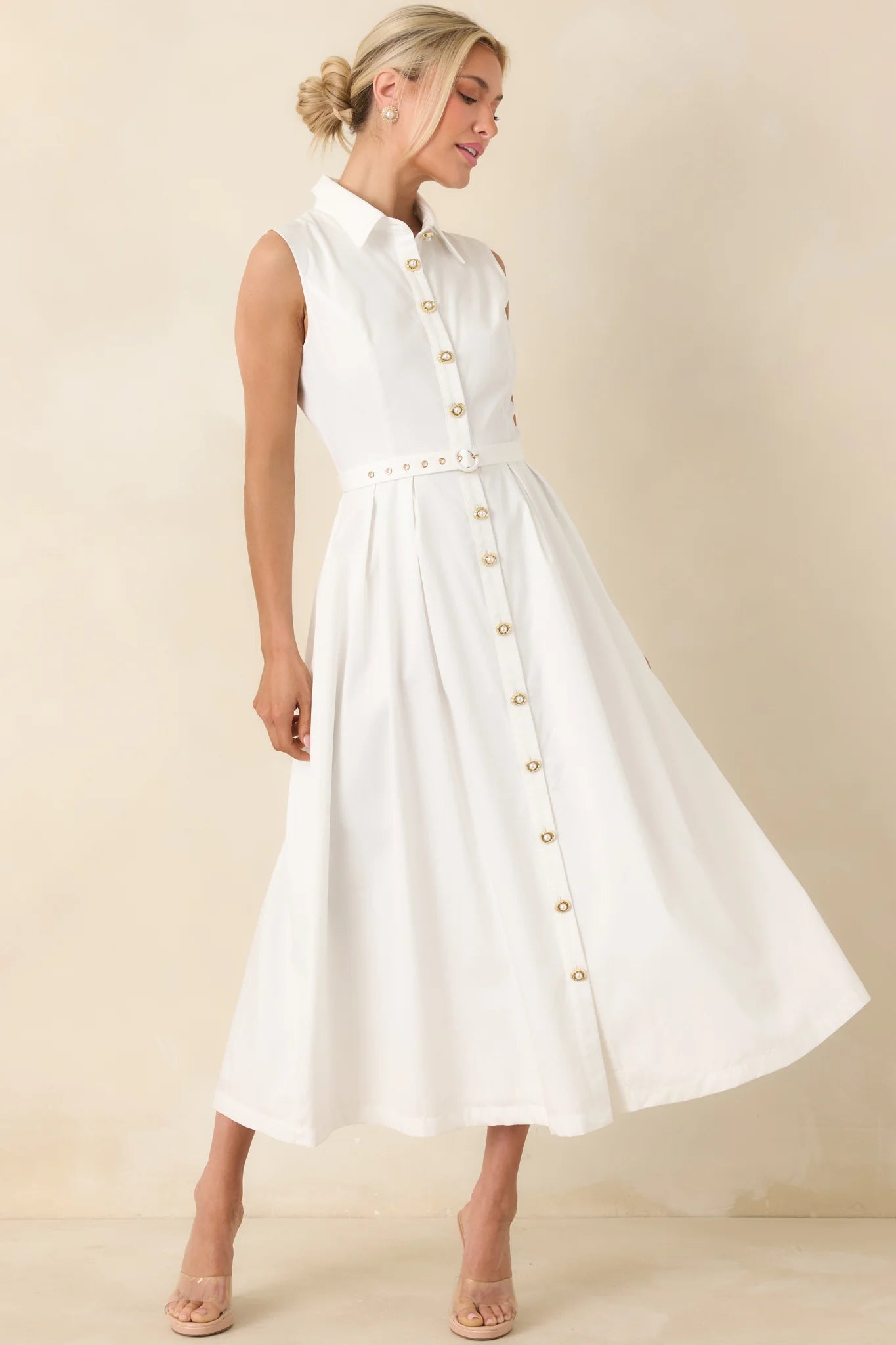 What Can I Say White Cotton Sleeveless Button Front Belted Maxi Dress