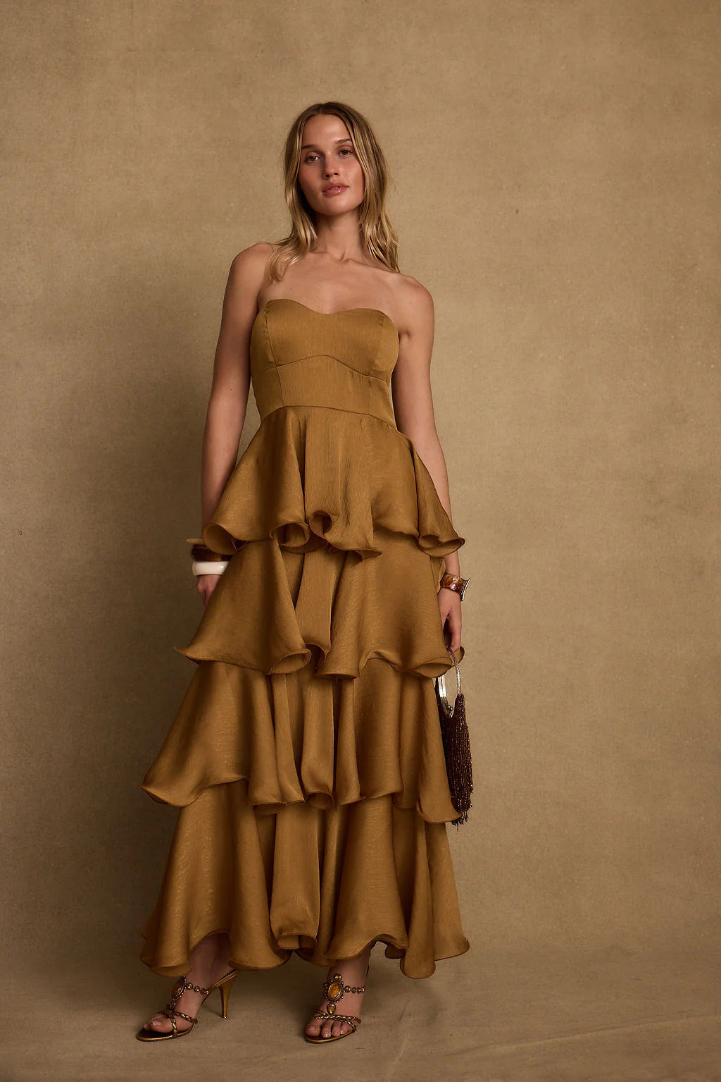 Selene Gold Ruffle Maxi Dress