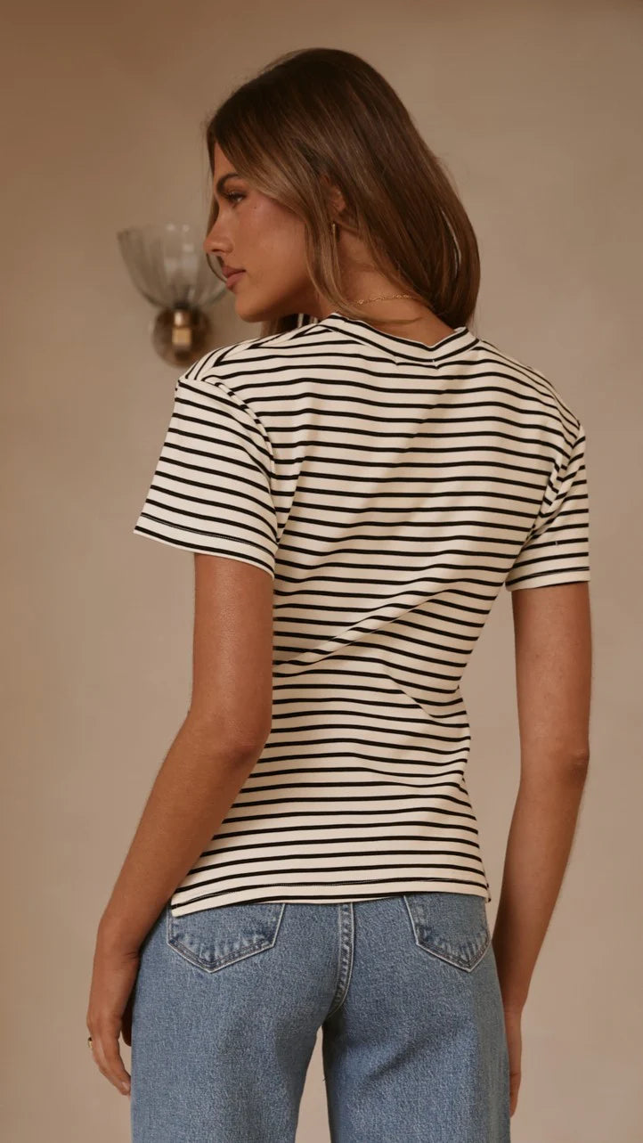Tiarna Side Ruched Tee - Black/White Stripe