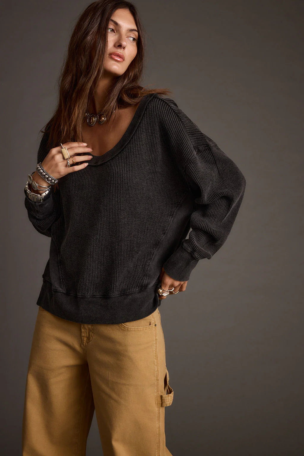 Not Your Ex's Washed Black Waffle Knit Top