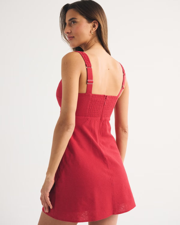 Bra-Free Tie-Front Linen-Blend Mini Dress-Red