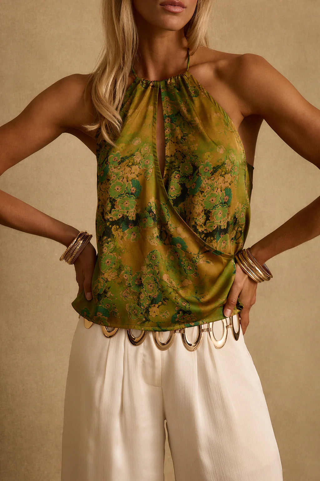 Wild Hibiscus Chartreuse Halter Top