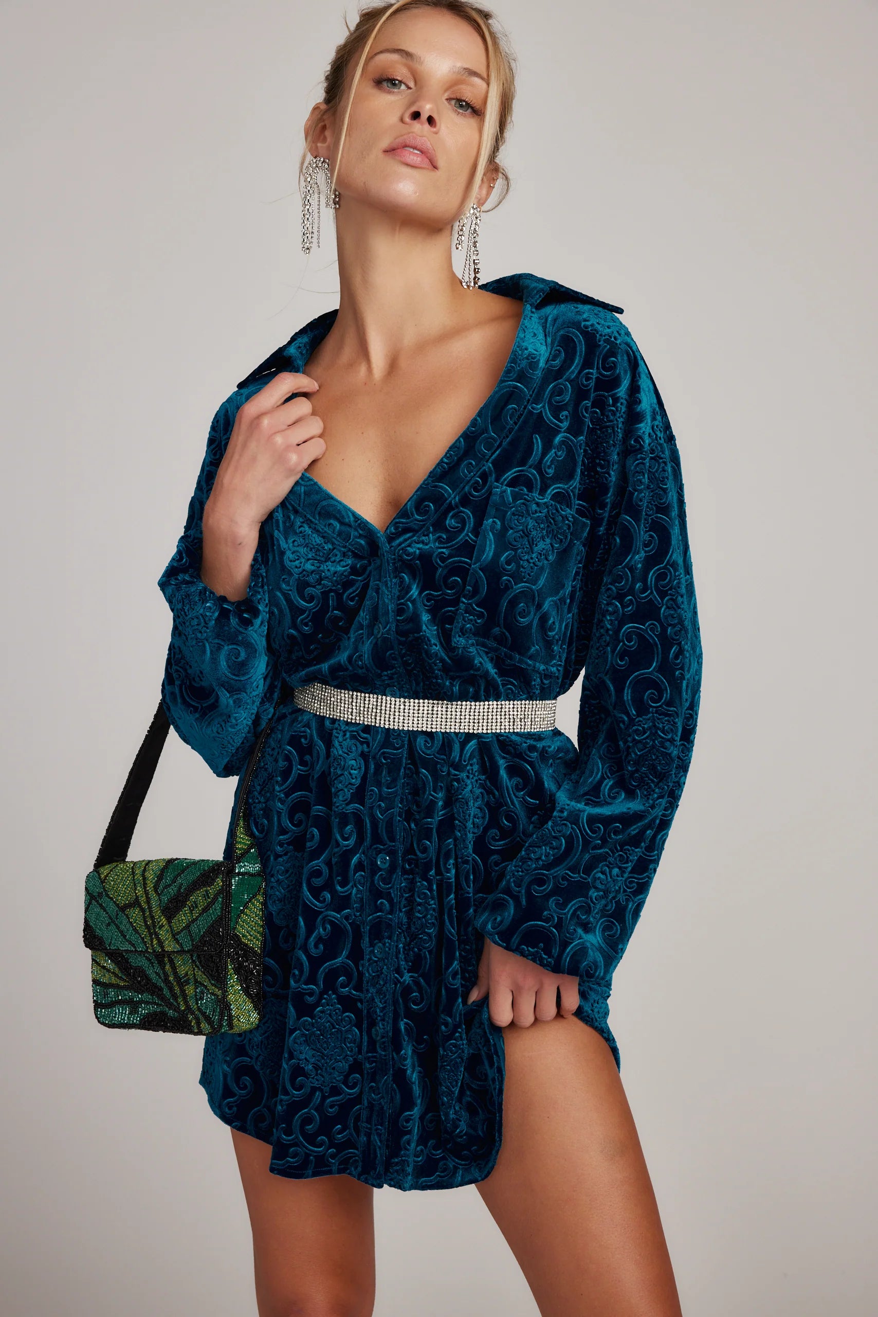 Kali Blue Long Sleeve Velvet Dress