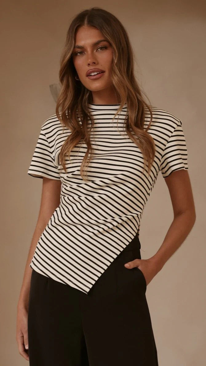 Tiarna Side Ruched Tee - Black/White Stripe