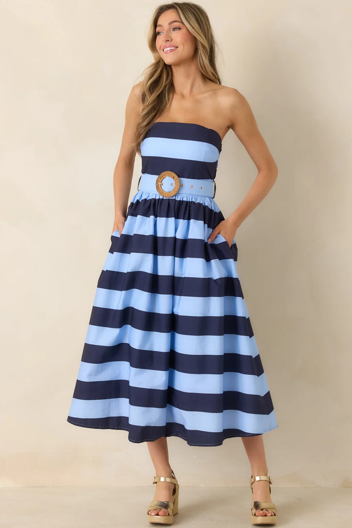 The Amanda Navy & Light Blue Stripe Cotton Strapless Midi Dress