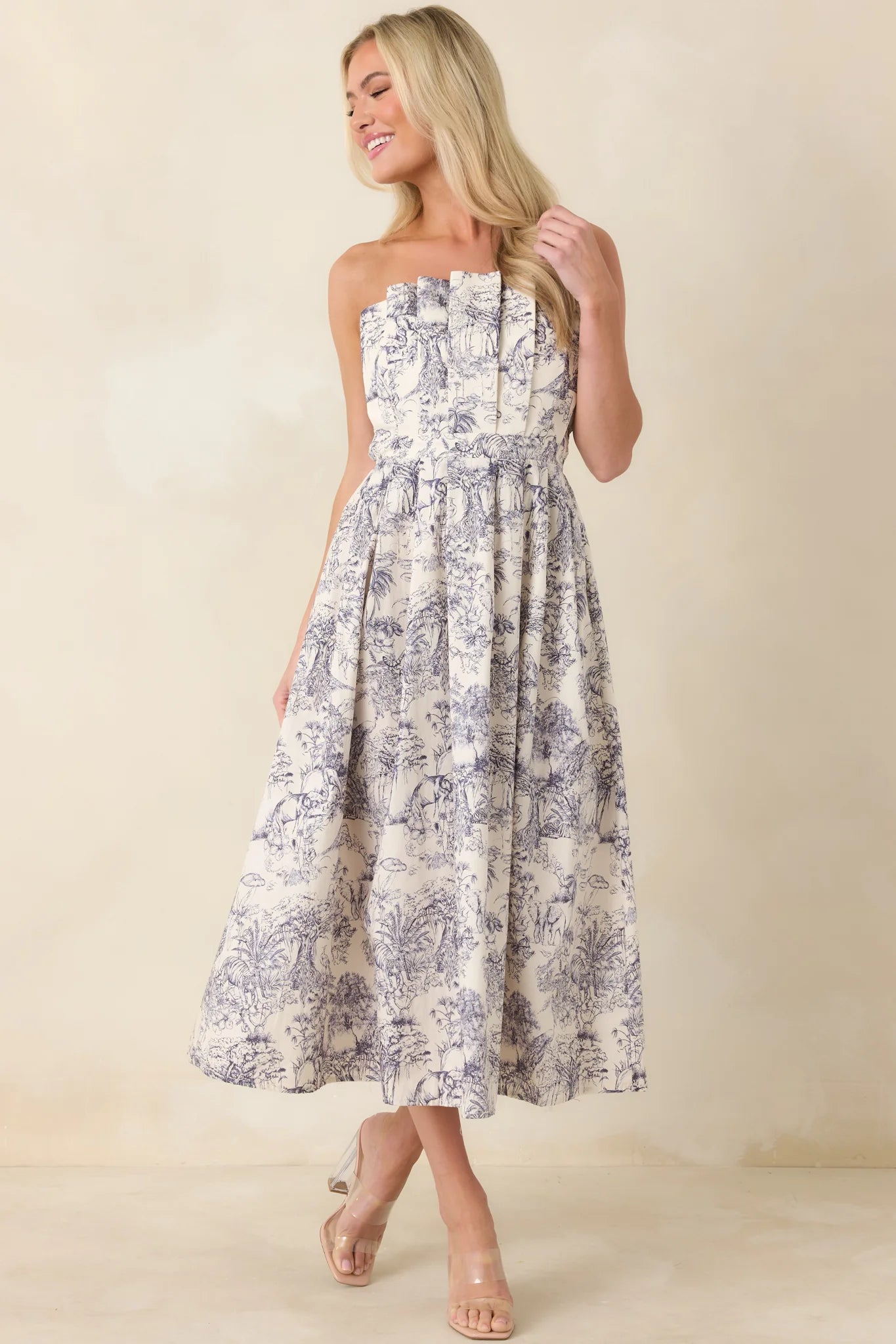 The Genevieve Cotton Navy Blue Toile Strapless Midi Dress