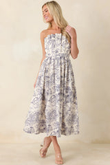 The Genevieve Cotton Navy Blue Toile Strapless Midi Dress