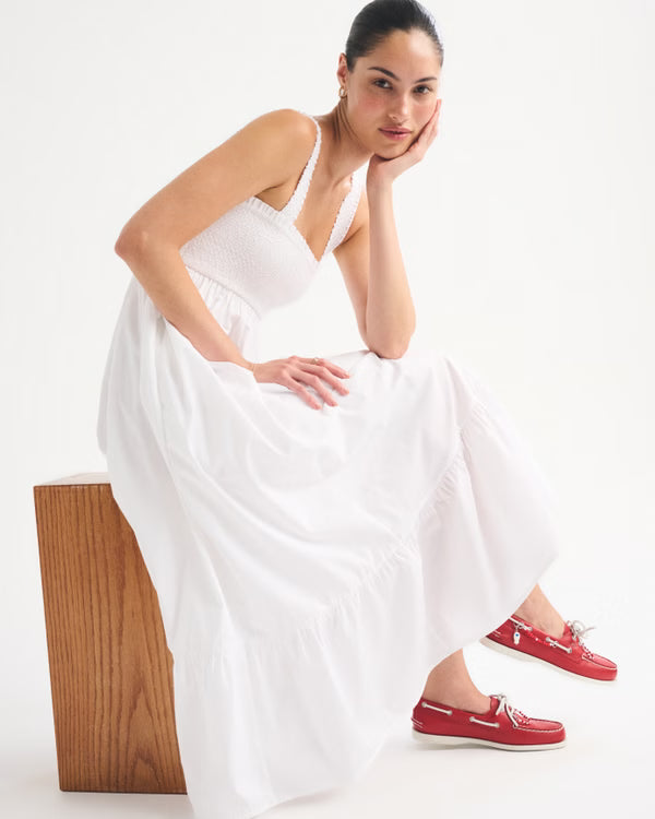 A&F Sydney Smocked Convertible Midi Dress-White