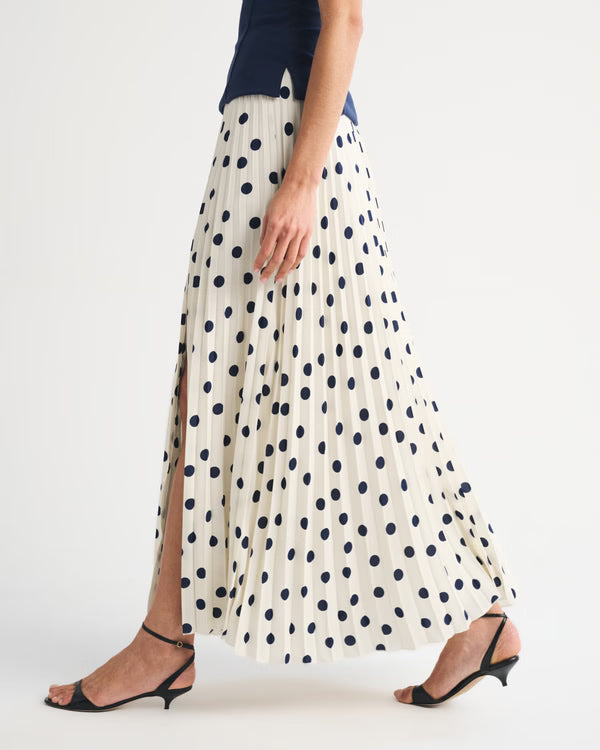 High Rise Pleated Maxi Set Skirt-Midnight Blue Polka Dot