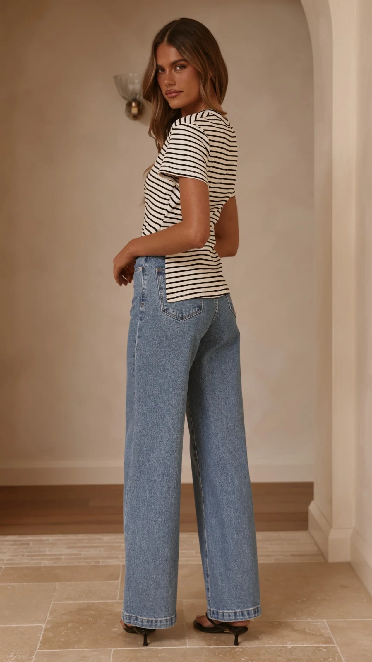 Tiarna Side Ruched Tee - Black/White Stripe