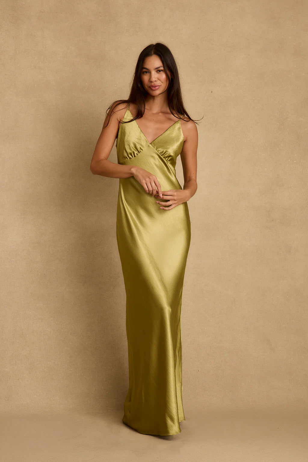 Mirabella Chartreuse Satin Maxi Dress