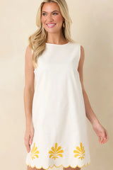 Golden Coastlines White & Yellow Embroidered Scalloped Cotton Mini Dress