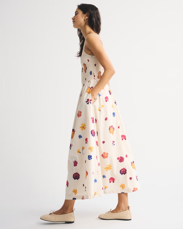 A&F Sydney Smocked Dipped-Waist Midi Dress-Cream Floral