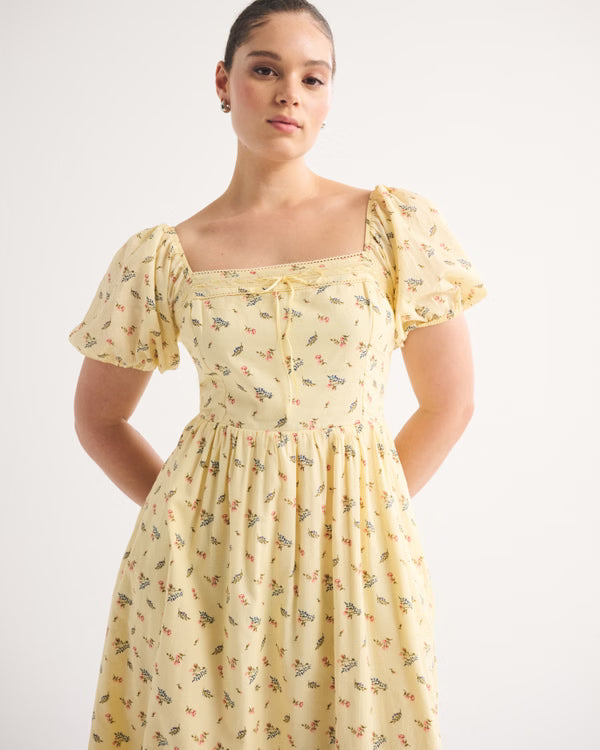 A&F Emerson Puff Sleeve Midi Dress-Yellow Floral