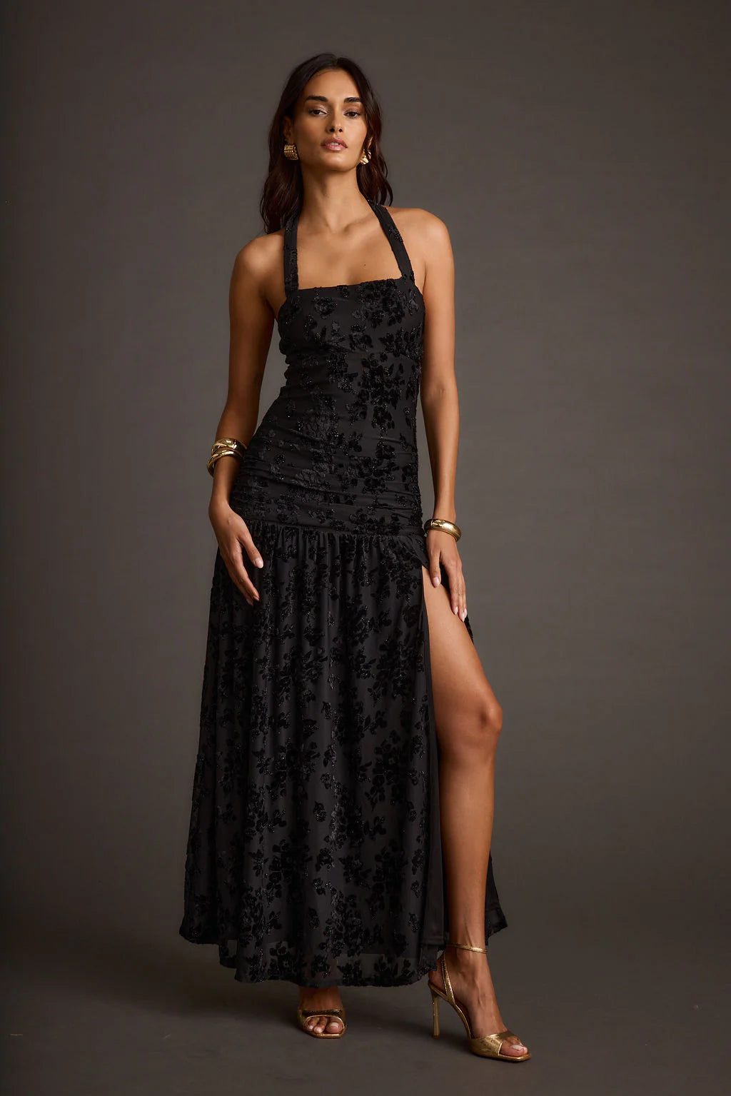 Hollow Black Burnout Halter Maxi Dress
