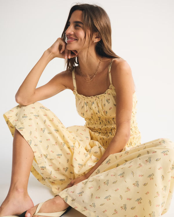 Bra-Free Smocked Drop-Waist Maxi Dress-Yellow