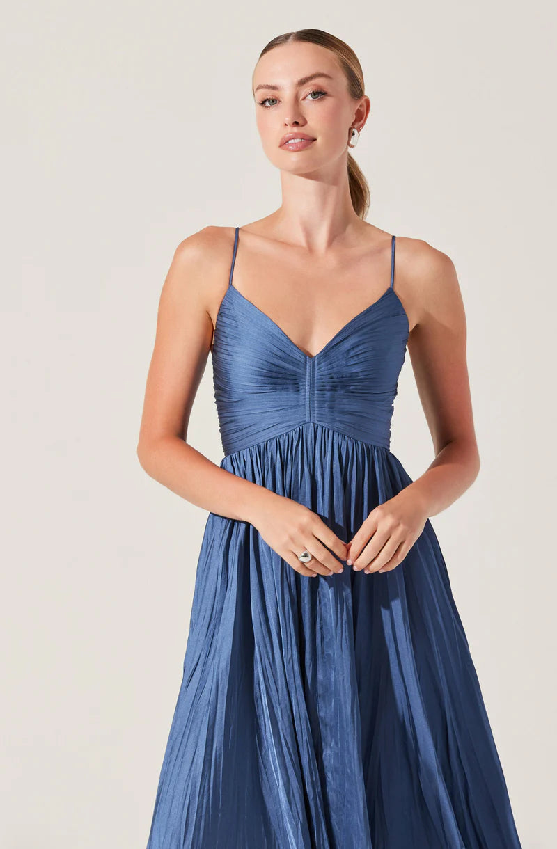 Maeve Pleated Midi Dress-Blue